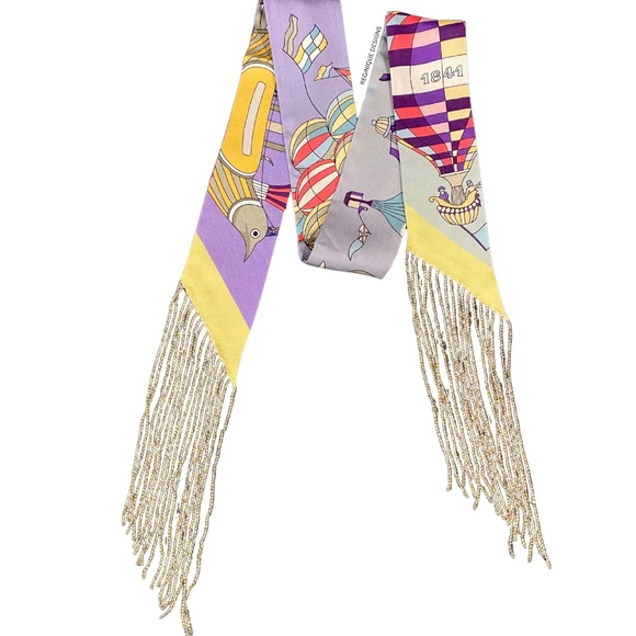 SeraBijoulet™ Handcrafted Silk Skinny Scarf with Beaded Fringe - Picture 4 of 7